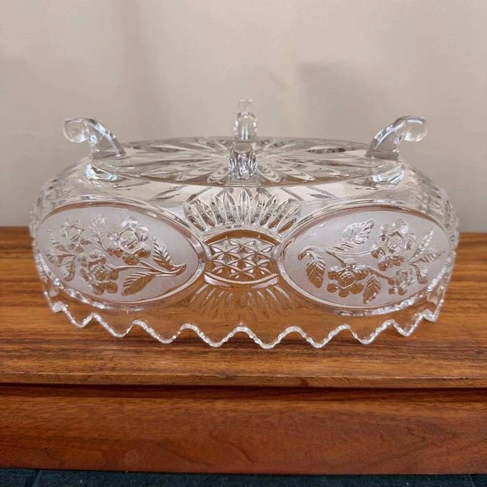 Crystal Clear Industries Flora Yugoslavia Oval Footed Bowl Frosted Rose Crystal
